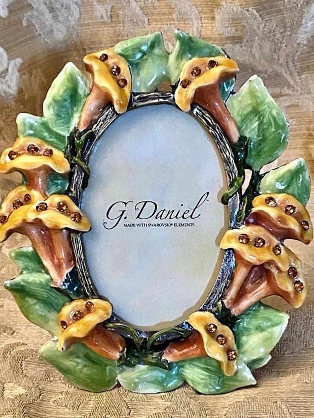 G Daniel Trumpet Flower Vine Enamel Metal Photo Frame Swarovski Crystal Elegant
